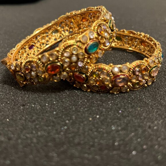 Gold-toned Bracelets with Rhinestones - 2.4" diameter - Picture 2 of 8